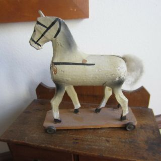 Antique Early American Primitive Wooden Toy Horse On Tin Wheels Handmade