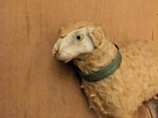 Antique German Putz Wood Stick Leg Woolly Sheep Green Collar