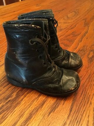 Antique Victorian Childs Leather Black Lace Up Shoes/boots