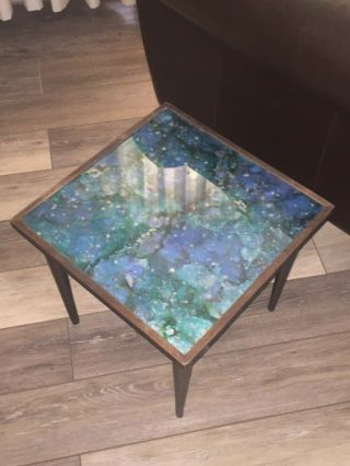 Vtg Mid Century Mod Retro Tv End Table Night Stand Wood Leg Blue Swirl Glass Top