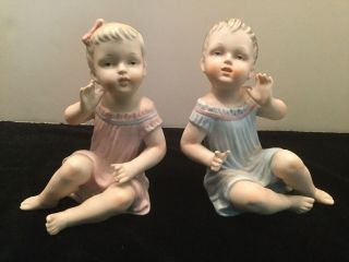 Pair 2 Vintage Bisque Piano Baby Girl & Boy 4.  5 " Tall