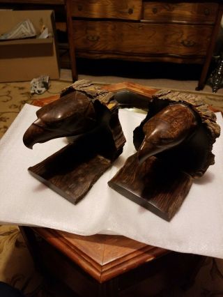Rare Carved Hard Wood Wooden Eagle Heads Bookends Book Ends
