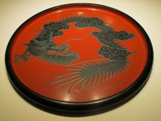 Vintage Chinese Red Lacquer Wood Tray With Dragon 14 "