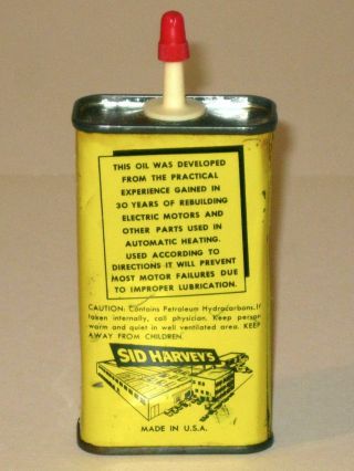 Rare Vintage 1960s SID HARVEY ' S MOTOR OIL Advertising Tin Can 4 Oz Handy Oiler 3