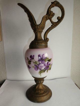 Antique Victorian Hand Painted Bolted Ewer Vase Urn Pitcher - 12 "
