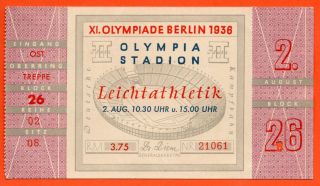 1936 Berlin Germany Olympic Ticket 2.  Aug.  1936 Jesse Owens.  Rare