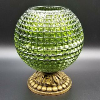 Green Glass Globe Candle Holder Lamp Retro Vintage Q2