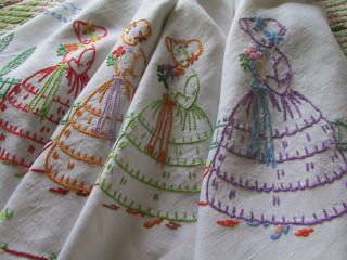 Vintage Hand Embroidered Linen Tablecloth - Crinoline Ladies & Floral 