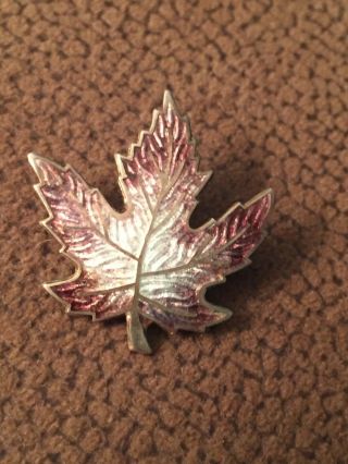 Antique Enamel & Sterling Silver Maple Leaf Pin Brooch Signed Rh