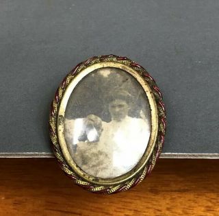 Antique Victorian Mourning Photo Brooch Pin Gold Tone Women Baby Sepia Red Inlay