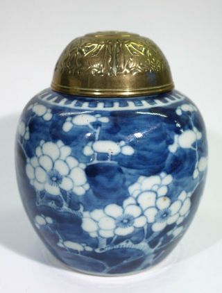 Antique Chinese Blue & White Prunis Ginger Jar With Decorative Brass Cover.