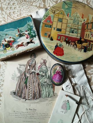 Vintage Embroidered Crinoline Lady Brooch Tin Box Print As Found Repurpose
