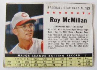 1961 Post Cereal Baseball 183 Roy Mcmillan Cincinnati Reds Vg - Ex Rare
