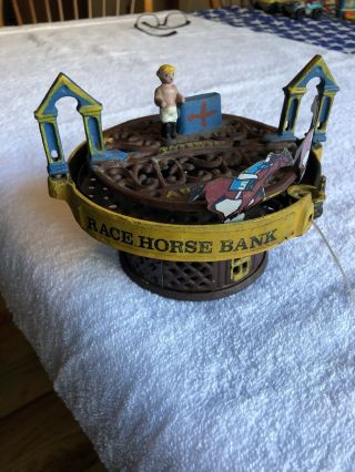 Cast Iron Mechanical Race Horse Bank W/ Pull Cord Rare