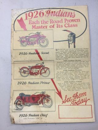 Vintage 1926 Indian Motorcycle Color Sales Brochure