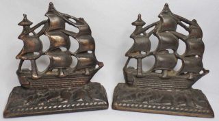 Pair 2 Set Antique/vintage Old Ironsides Uss Constitution Cast Iron Bookends