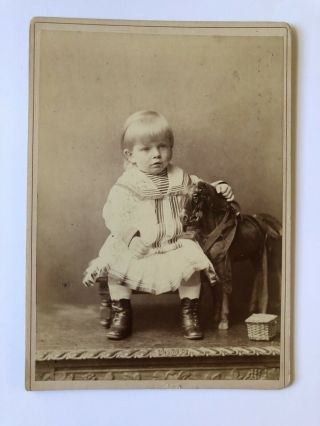Cabinet Card Photo Little Girl With Toy Horse London Uk Victorian Antique