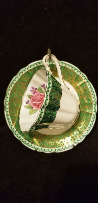 Vintage Gladstone Bone China Green & Pink Rose Teacup & Saucer England