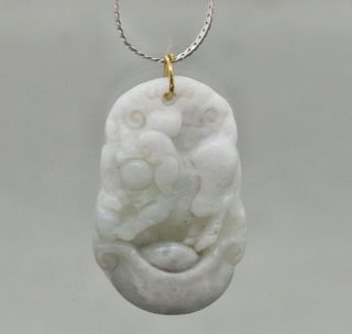 Vintage Chinese Carved Jade Stone Pendant Of A Pig & Sterling Silver Necklace