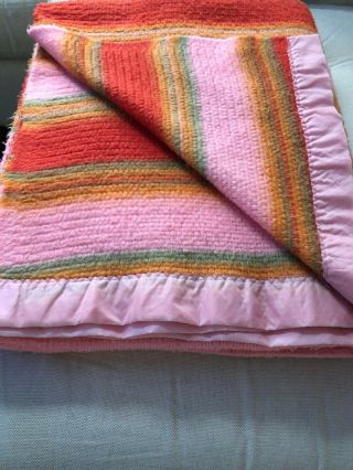 Vintage Acrylic Waffle Weave Blanket Satin Binding Twin Full Pink Multi Color