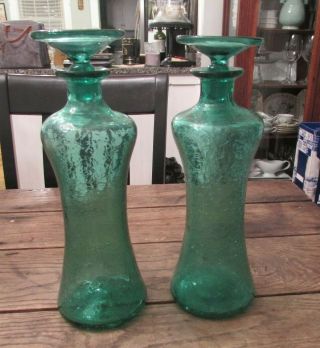 Rare Pr Aqua Blue Green Blenko Wayne Husted Mcm Art Glass Murano Decanter Bottle