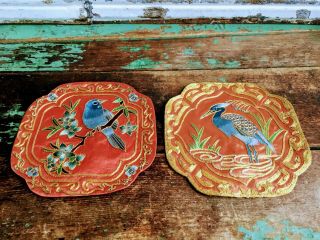 Antique Chinese Silk Embroidery Panel Badges Birds Gold