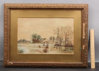 Antique Signed Millie Morris Country Landscape Watercolor Painting Gilded Frame