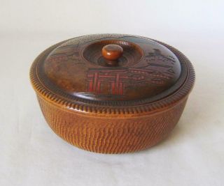 Antique Japanese Turned,  Carved & Painted Hard Wood Bowl With Lid