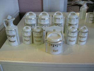 Antique Mini Childs Porcelain Canister Spice Set Salt Box Sugar Coffee Germany