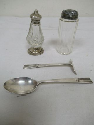 Antique Hallmarked Silver Pepper Pot/ Dressing Table Glass Jar & Spoon