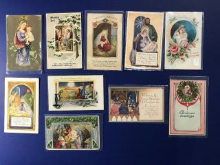 10 Christmas Antique Postcards 1900s Religious.  Collector Items.  W Value.