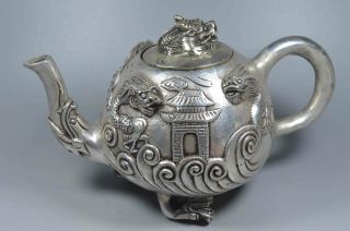 Collectable China Handwork Old Miao Silver Carve Dragon Door Lucky Decor Tea Pot