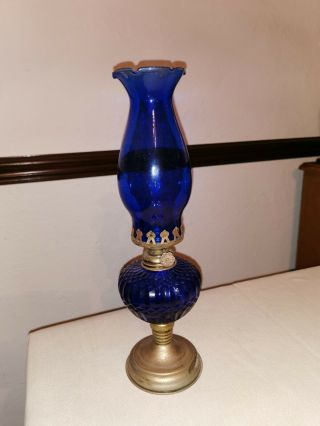 Vintage Oil Lamp Cobalt Blue Glass Metal Paraffin