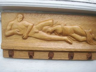 Old Vintage Carved Wooden Modernist Nude Man Woman Wall Coat Hook Panel 1950s,