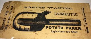 Rare Antique Victorian American Potato Corer & Slicer Advertising Flyer C.  1892