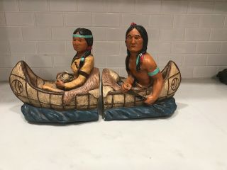 Vintage Native Americans In Canoe Painted Chalkware Bookends Pocahontas Rare