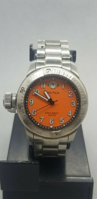 Rare Nautica Bfc Diver 200m Orange Dial Stainless Steel Men Watch A22561