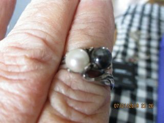 Vintage Sterling Silver Tahitian Black Pearl,  White Pearl Ring