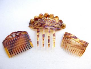 3 Vintage Hair Combs Faux Tortoiseshell Celluloid Art Deco