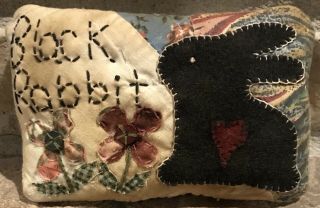 Primitive Black Rabbit & Flowers Shelf Pillow - Made From Vintage Quilt
