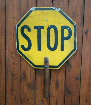 Vintage Rare School Crossing Guard Stop Yellow Metal Two Sided Wood Handle