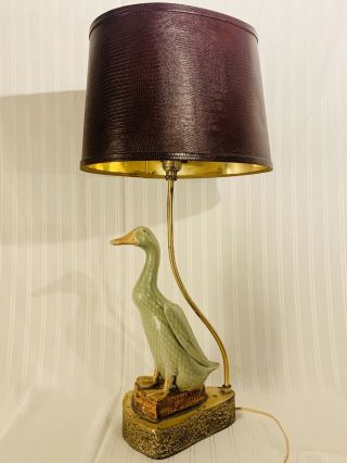 Rare Vtg Antique Chinese Large Celadon Green Duck Table Lamp Signed (lamp Only)