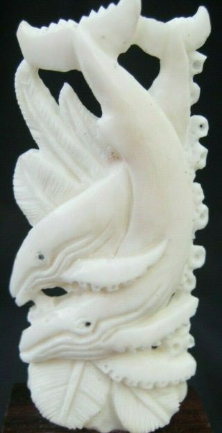 Hand Carved Scrimshaw Statue Of Humpback Whales In Buffalo Bone On Wood Base