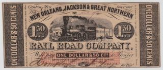 Rare Confederate $1.  50 Scrip Orleans,  Jackson & Great Northern Railroad Co.