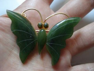 Lovely Vtg Gift Antique 50s Hong Kong Real Green Jade Butterfly Brooch