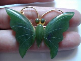 Lovely Vtg Gift Antique 50s Hong Kong Real Green Jade Butterfly Brooch 2