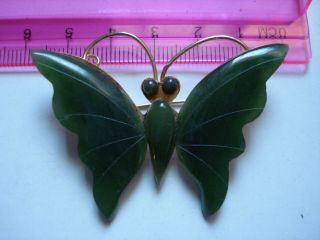 Lovely Vtg Gift Antique 50s Hong Kong Real Green Jade Butterfly Brooch 3
