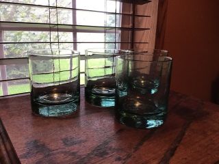4 Rare Hand Blown Spain Aqua Blue Green Pottery Barn 10 Oz Old Fashioned Glasses 3