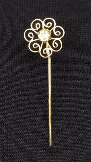 Vintage antique Art Deco 14K white gold filigree diamond stick pin jewelry 2