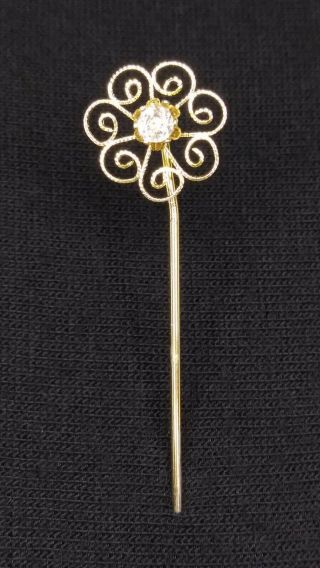 Vintage antique Art Deco 14K white gold filigree diamond stick pin jewelry 3
